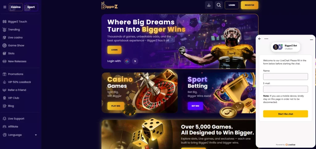BiggerZ registration panel shown beside the desktop lobby