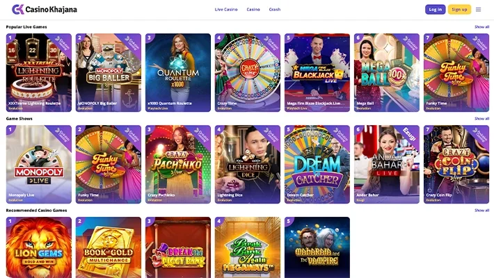 Casino Khajana game lobby grid of slots and live tables