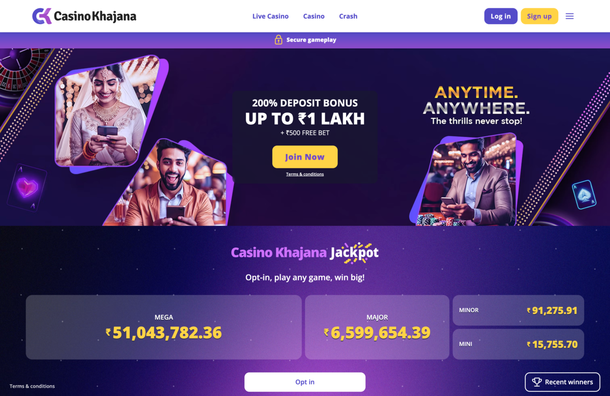 Casino Khajana homepage showing its 200% welcome bonus and live jackpot totals