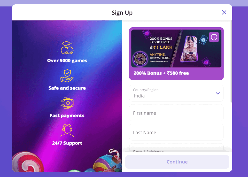Casino Khajana sign-up form for a new player account