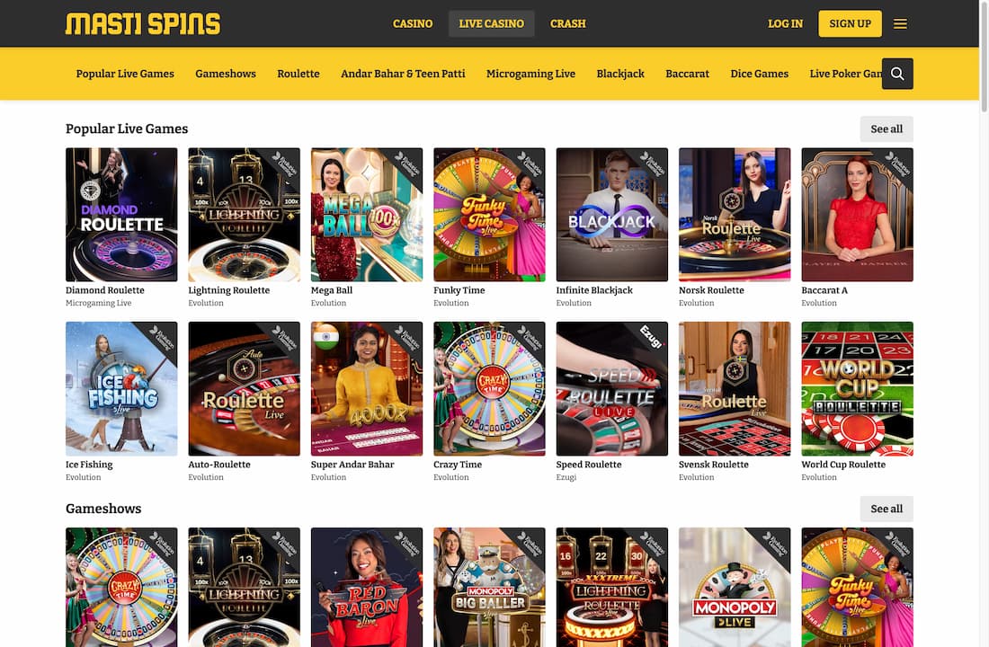 Masti Spins popular live games lobby