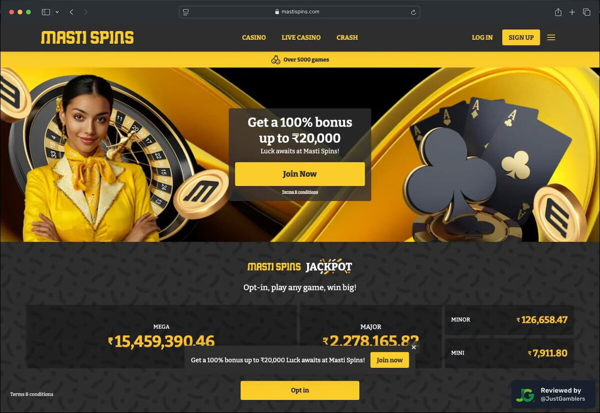 Masti Spins homepage showing its welcome bonus and jackpot counters