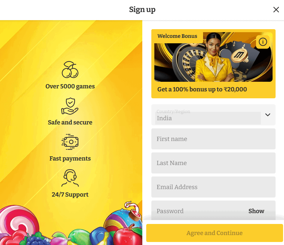 Masti Spins sign-up form for a new account