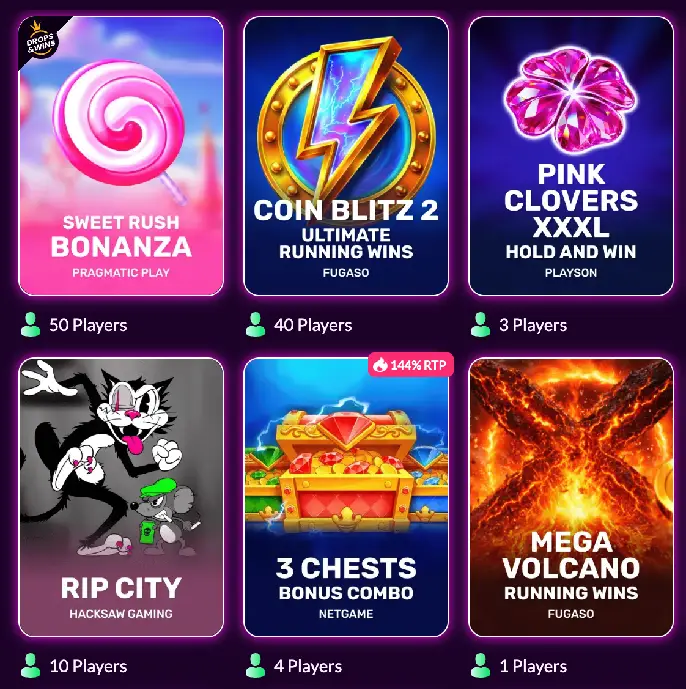 SlotRave slot game tiles including Sweet Bonanza and Coin Blitz