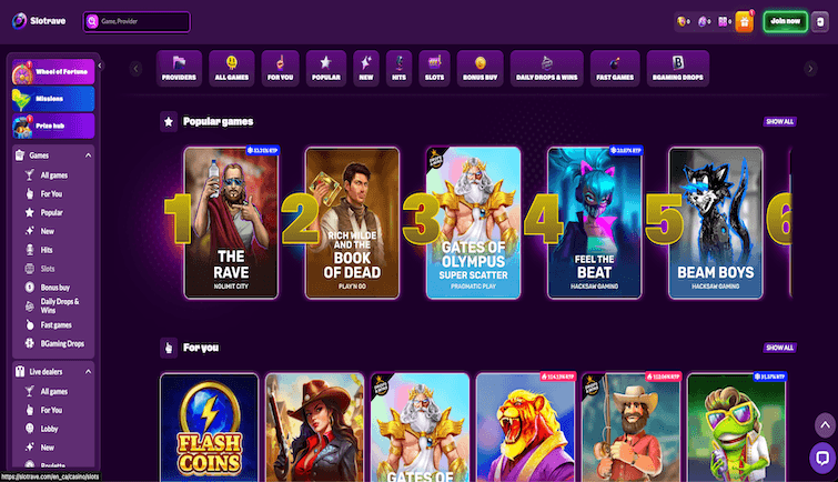 SlotRave casino lobby showing its popular games row